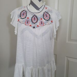 Lucky Brand Flutter Sleeve White Blue Tunic Top Blouse Sz M Bohemian Embroidered